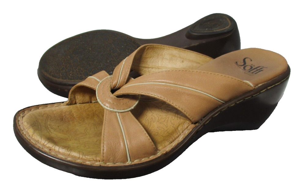 Sofft Wedge Sandals Heels Brown Beige Leather Womens Sz 7.5 M